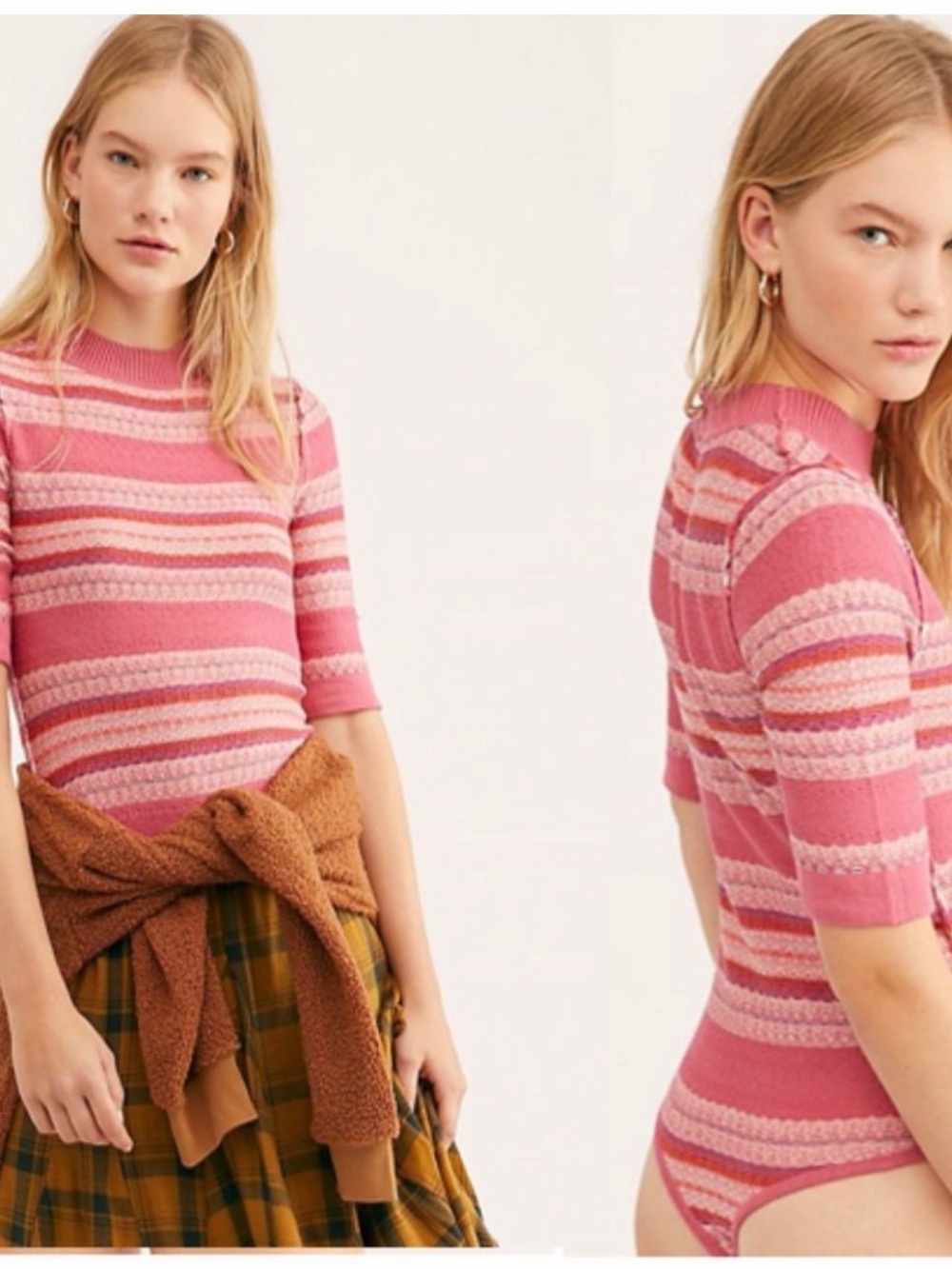 Free People Winter Warmer Bodysuit Striped Pink Medium